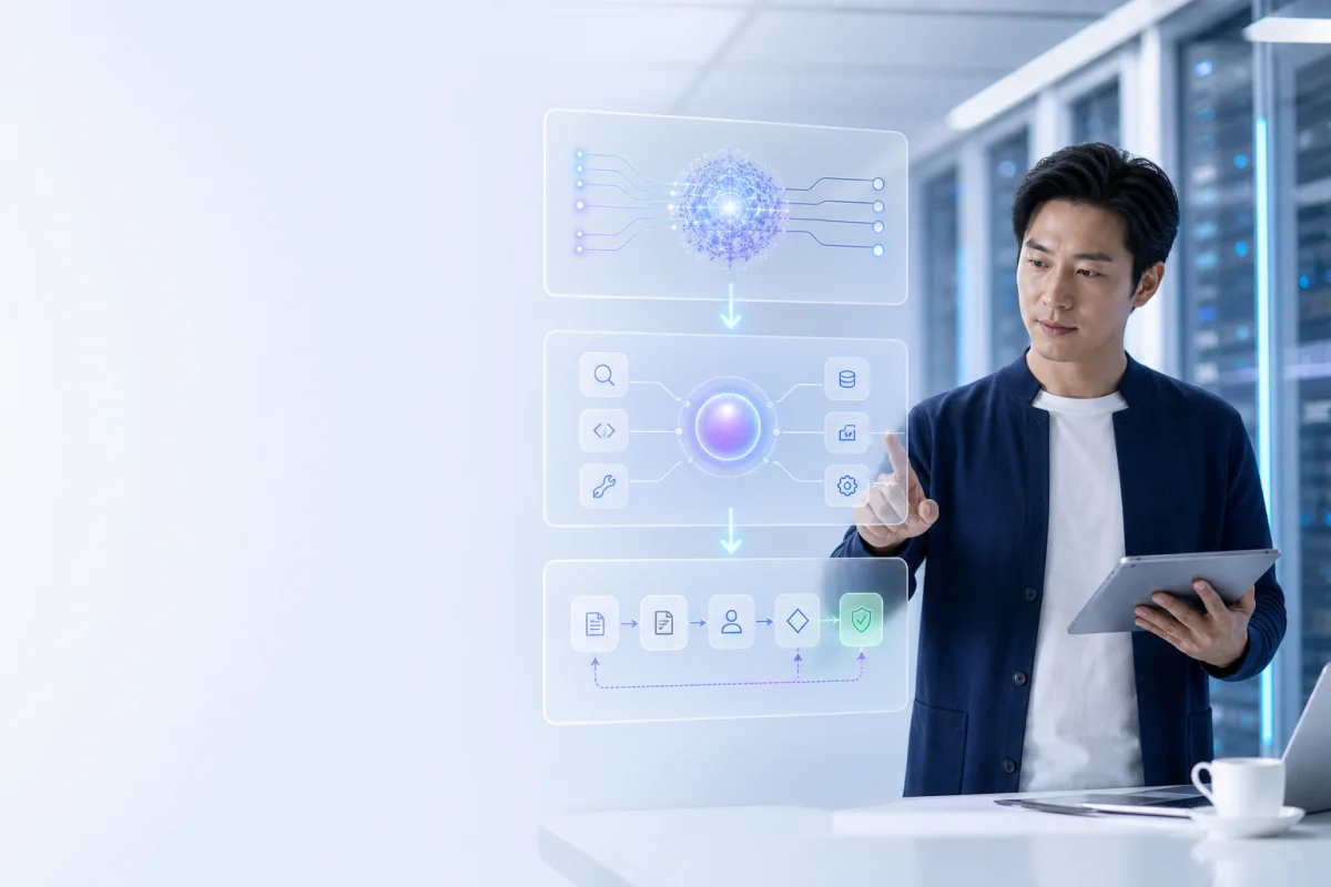 Enterprise architect reviewing layered AI architecture