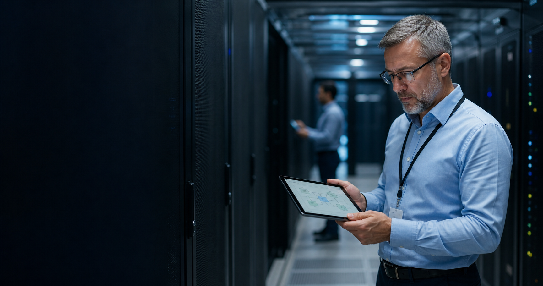 Enterprise architect reviewing workflow architecture in a data centre